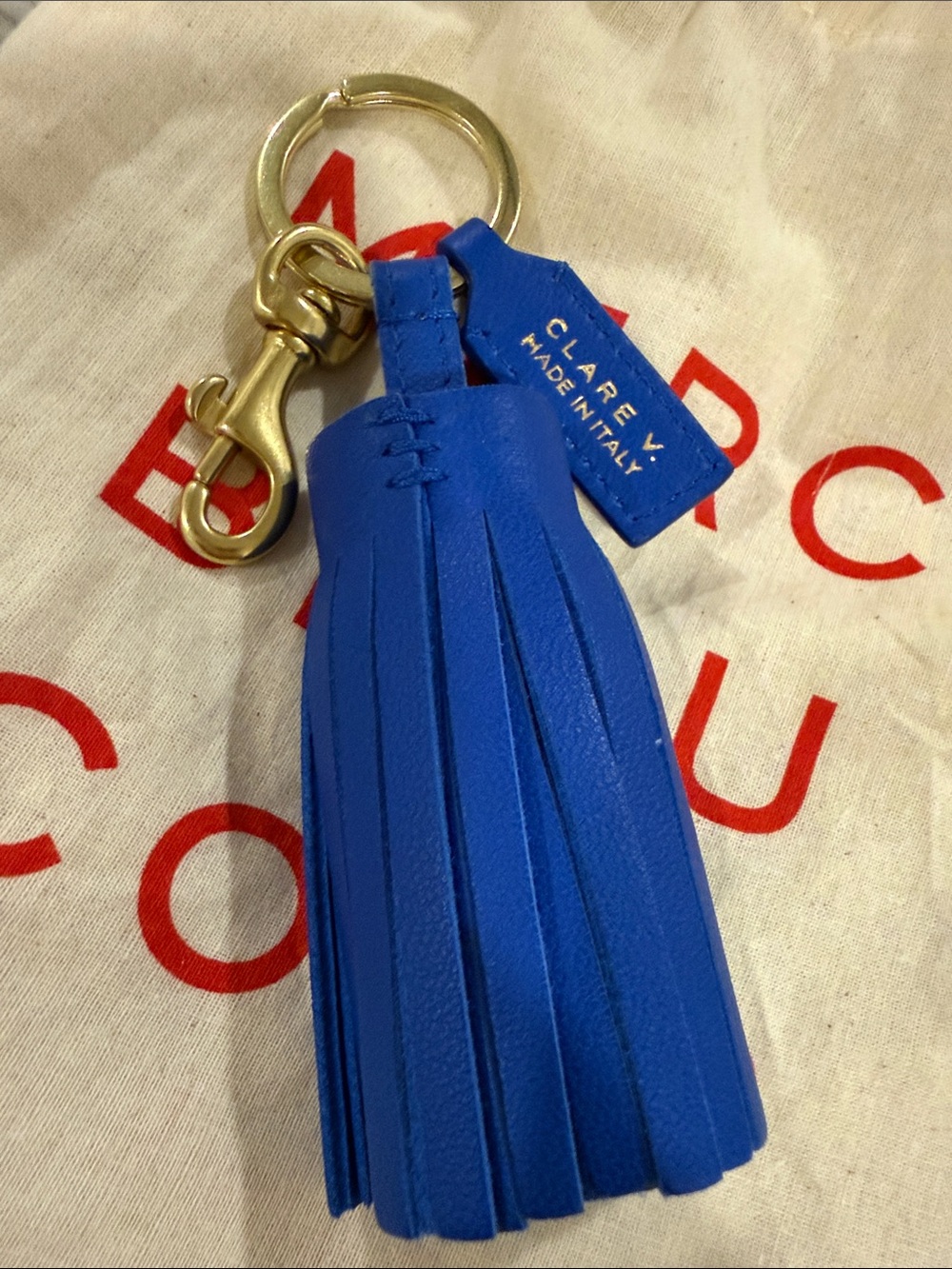 Clare V Electric Blue Leather Tassel Keychain with Gold Hardware